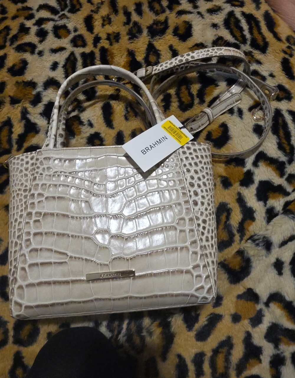 Brahmin Cream Croc-Embossed Satchel with Removable Strap